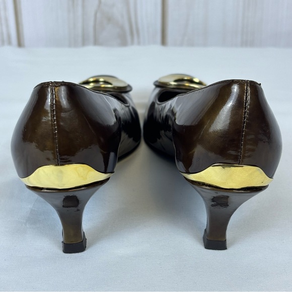 Stuart Weitzman Copper Brown Gold Swirl Pumps Kitten Heel Leather Heels Size 5.5 - Picture 6 of 16